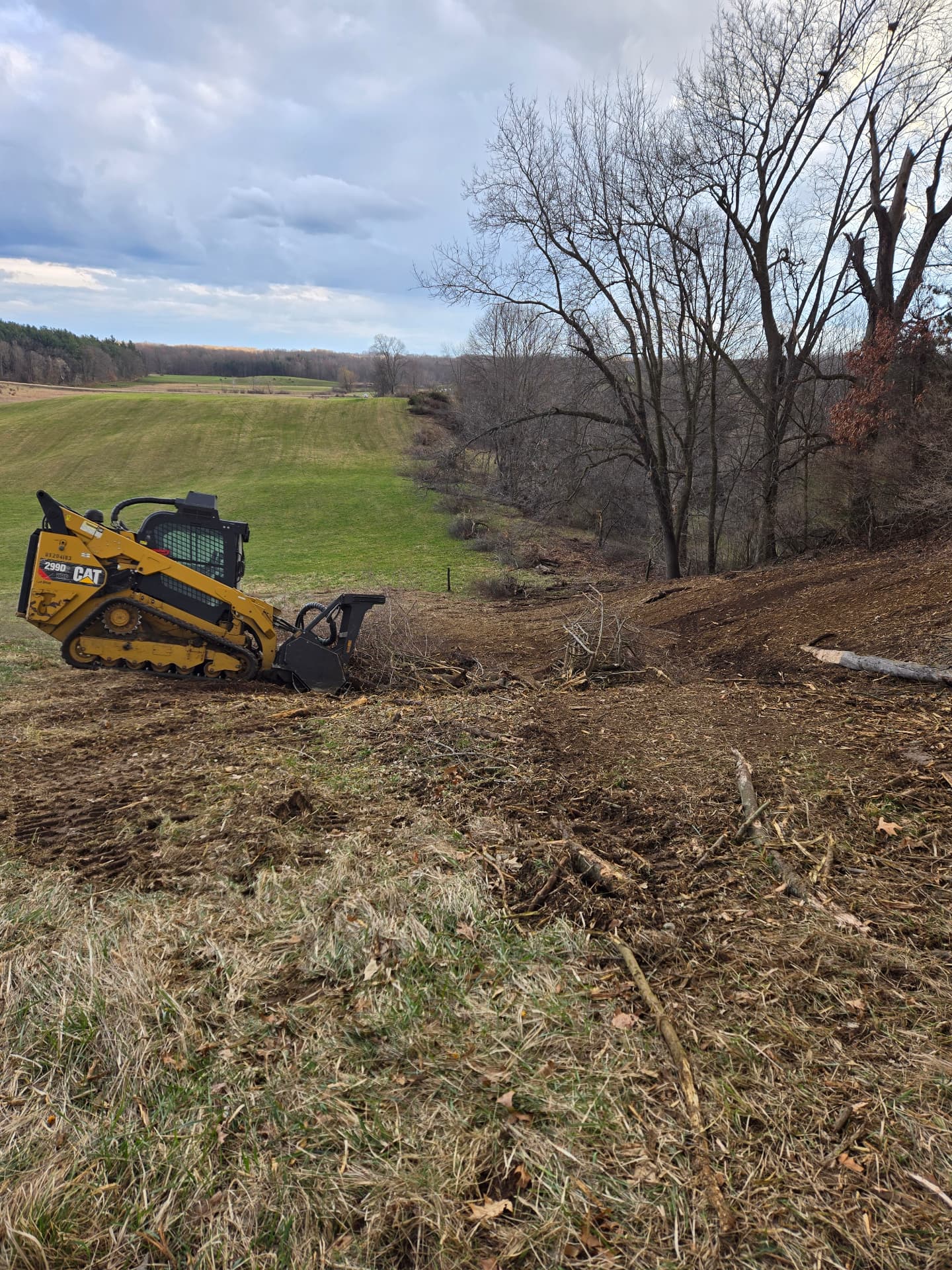 Land clearing machine mulching brush along a fence line beside a pasture